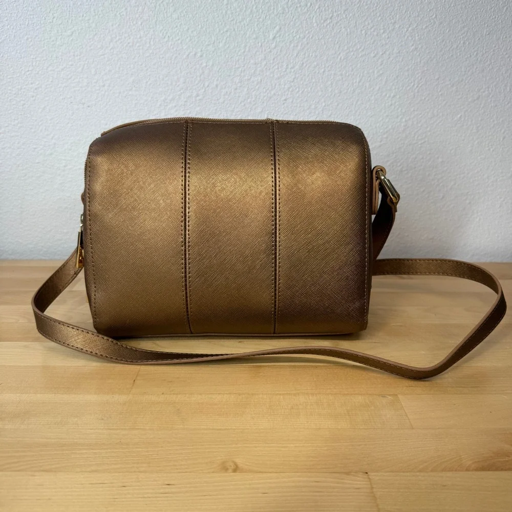 Joy‎ Mangano Bronze Metallic Saffiano Crossbody Bag RFID Organizer Gold Hardware